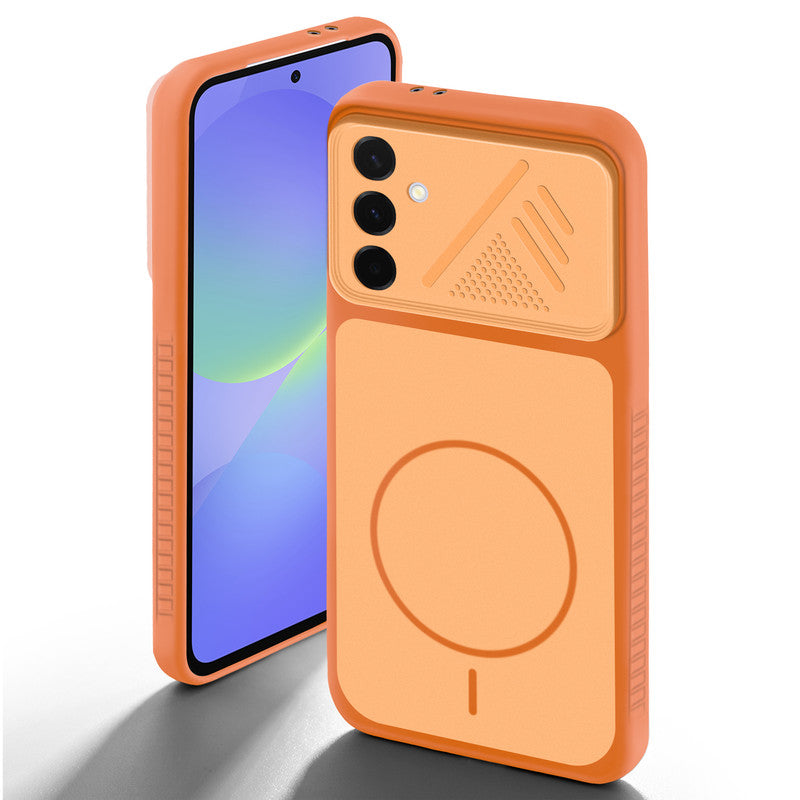 Orange back cover for Samsung A36 5G with camera cut protection and ring design on back side.