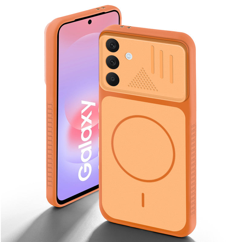 Orange back cover for Samsung A37 5G with camera cut protection and ring design on back side.
