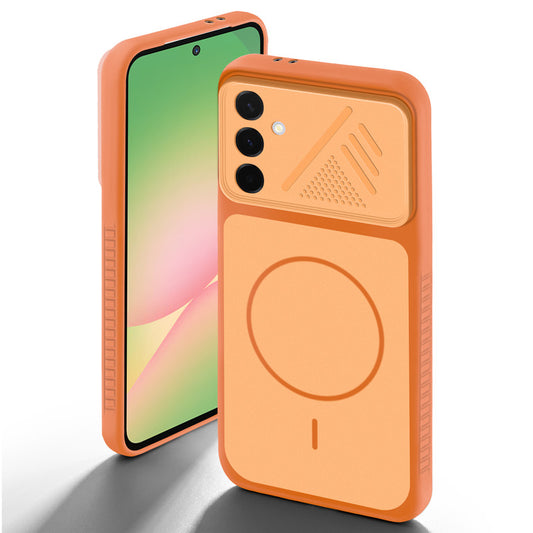 Orange back cover for Samsung A56 5G with camera cut protection and ring design on back side.