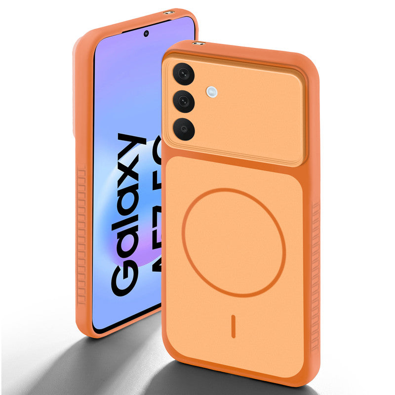 Orange back cover for Samsung A57 5G with camera cut protection and ring design on back side.