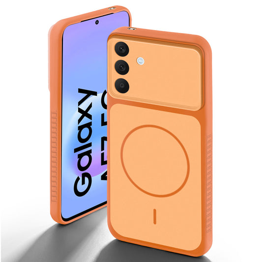 Orange back cover for Samsung A57 5G with camera cut protection and ring design on back side.