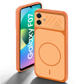 Orange back cover for Samsung F07 with camera cut protection and ring design on back side.