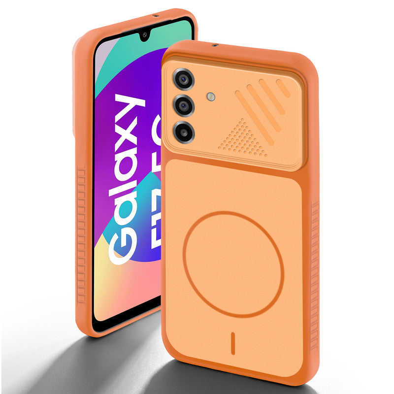 Orange back cover for Samsung F17 5G  with camera cut protection and ring design on back side.