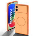 Dual tone silicone Orange back cover for Samsung F70e 5G showing camera protection and design