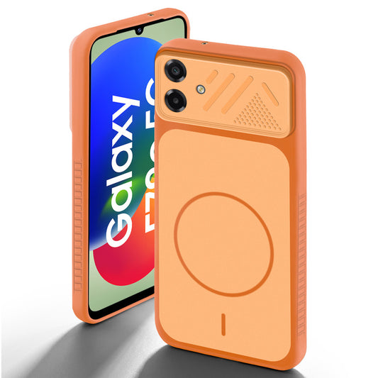 Orange back cover for Samsung F70e 5G with camera cut protection and ring design on back side.