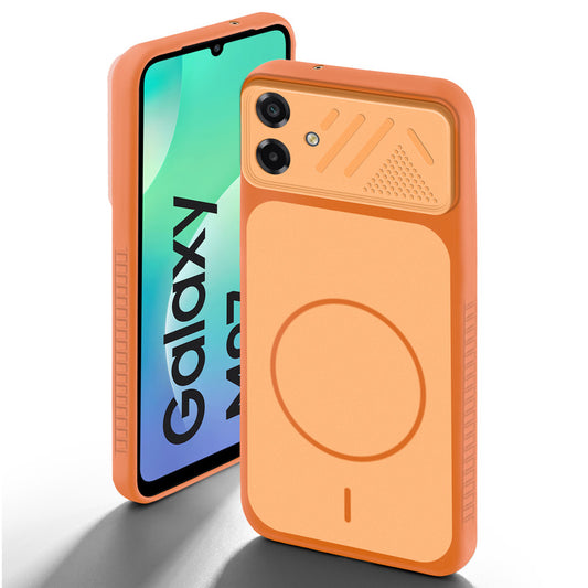 Orange back cover for Samsung M07 with camera cut protection and ring design on back side.