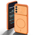 Orange back cover forSamsung M17 5G with camera cut protection and ring design on back side.