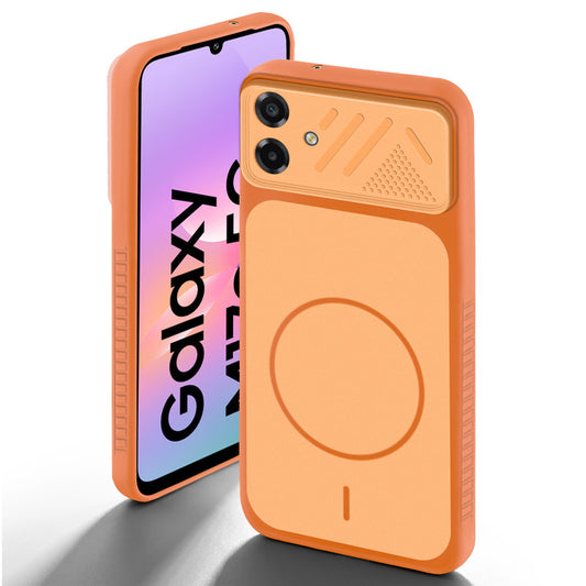Orange back cover for Samsung M17e 5G with camera cut protection and ring design on back side.