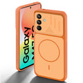 Orange back cover for Samsung M47 5G with camera cut protection and ring design on back side.