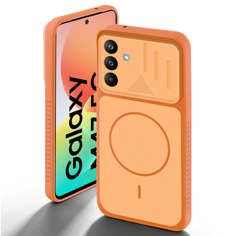 Orange back cover for Samsung M47 5G with camera cut protection and ring design on back side.