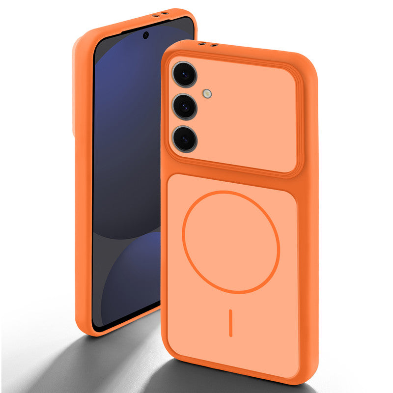 Orange back cover for Samsung S24 FE 5G with camera cut protection and ring design on back side.