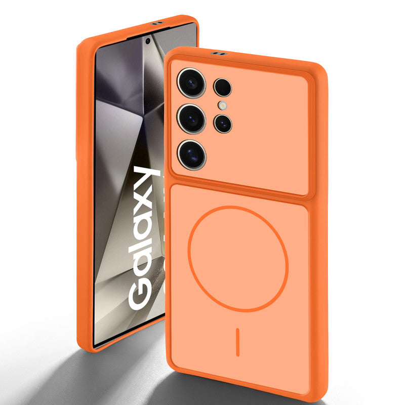 Orange back cover for Samsung S24 Ultra 5G with camera cut protection and ring design on back side.