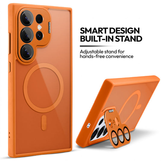 Samsung S25 Ultra 5G Case with MagSafe Compatibility, Flip-Open Camera Cover Stand, Glossy Glass Back & Metallic Buttons