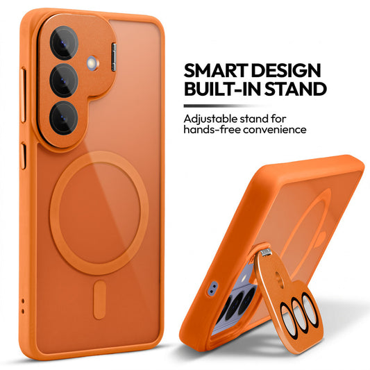 Samsung S26 5G Case with MagSafe Compatibility, Flip-Open Camera Cover Stand, Glossy Glass Back & Metallic Buttons