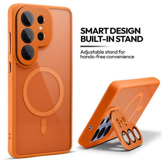 Samsung S26 Ultra 5G Case with MagSafe Compatibility, Flip-Open Camera Cover Stand, Glossy Glass Back & Metallic Buttons