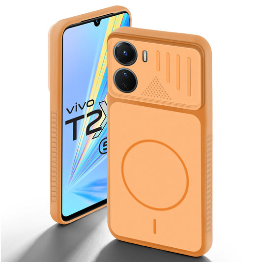 Orange back cover for Vivo T2x 5G with camera cut protection and ring design on back side.