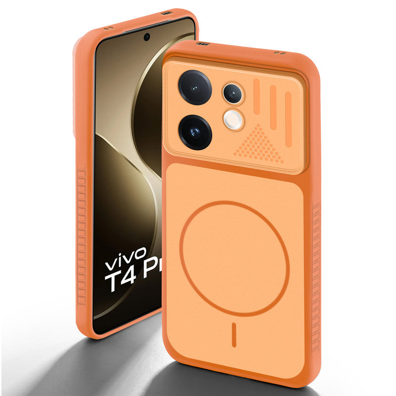 Orange back cover for Vivo T4 Pro 5G with camera cut protection and ring design on back side.