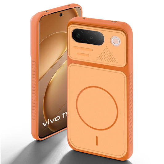 Orange back cover for Vivo T5 5G with camera cut protection and ring design on back side.