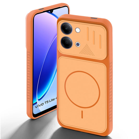 Orange back cover for Vivo T5 Lite 5G with camera cut protection and ring design on back side.