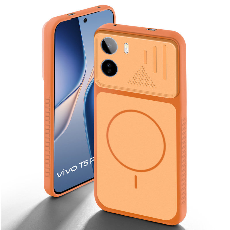 Orange back cover for Vivo T5 Pro 5G with camera cut protection and ring design on back side.