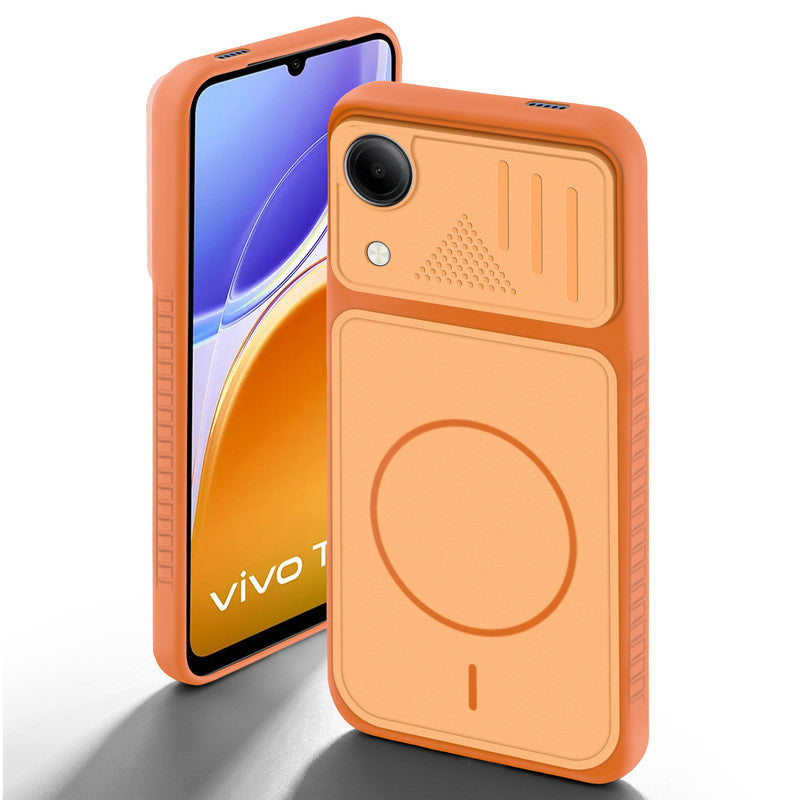 Orange back cover for Vivo T5e 5G with camera cut protection and ring design on back side.