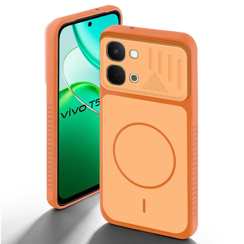 Orange back cover for Vivo T5x 5G with camera cut protection and ring design on back side.