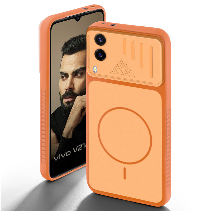 Orange back cover for Vivo V21e 5G with camera cut protection and ring design on back side.