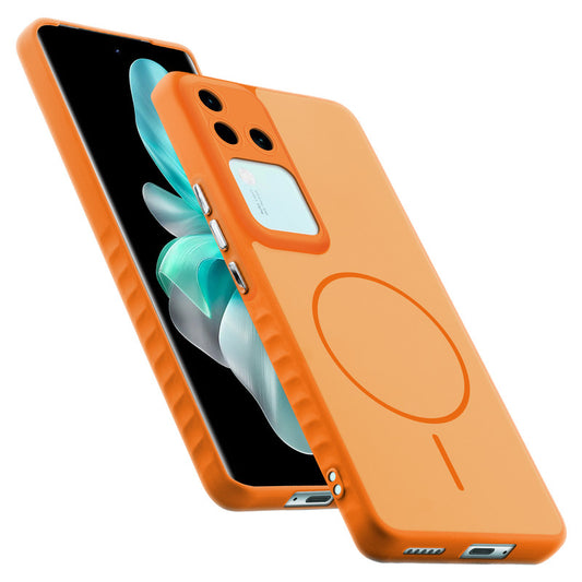 Matte Silicone Dual Color Back Cover with Metal Buttons & Ring Design for Vivo V30 5G