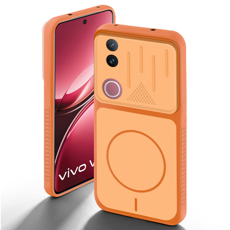 Orange back cover for Vivo V50 5G with camera cut protection and ring design on back side.
