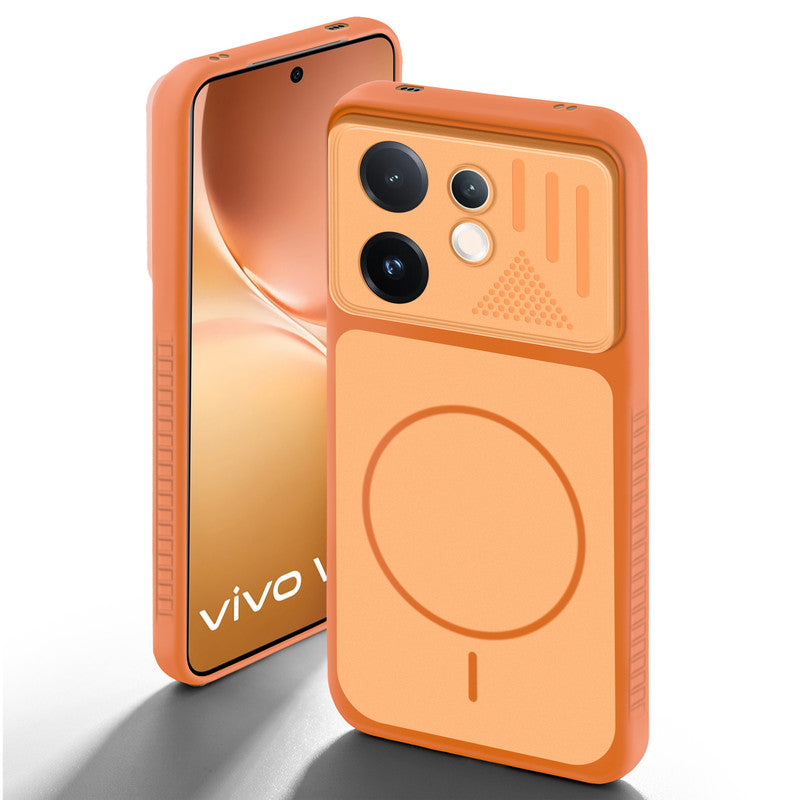 Orange back cover for Vivo V60 5G with camera cut protection and ring design on back side.