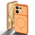 Orange back cover for Vivo V60E 5G with camera cut protection and ring design on back side.