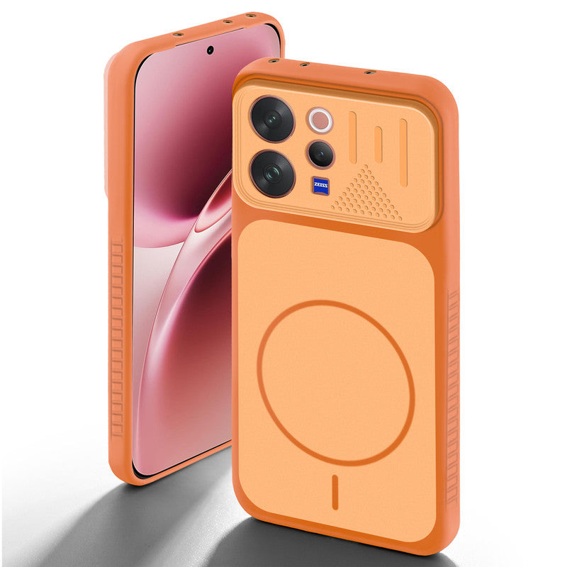 Orange back cover for Vivo V70 Elite 5G with camera cut protection and ring design on back side.