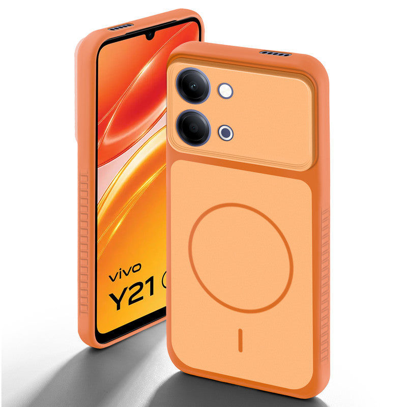 Orange back cover for Vivo Y21 5G with camera cut protection and ring design on back side.