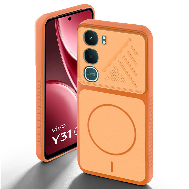 Orange back cover for Vivo Y31 Pro 5G with camera cut protection and ring design on back side.