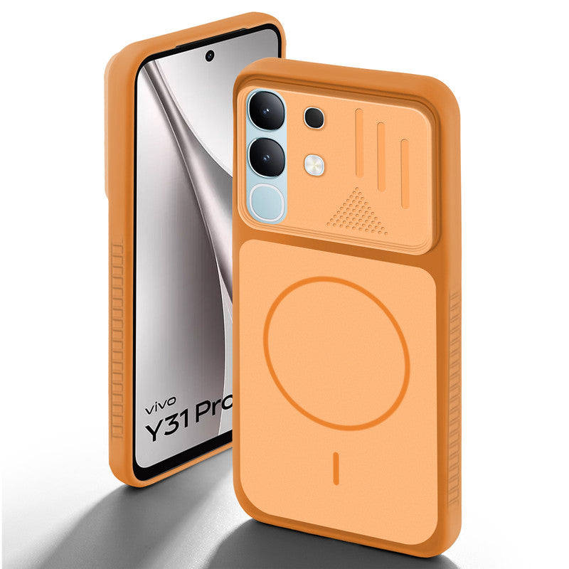 Orange back cover for Vivo Y31 5G with camera cut protection and ring design on back side.