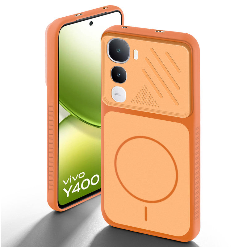 Orange back cover for Vivo Y400 5G with camera cut protection and ring design on back side.