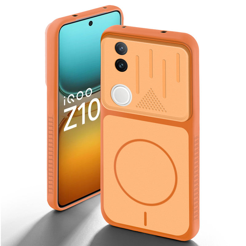 Orange back cover for iQOO Z10R 5G with camera cut protection and ring design on back side.