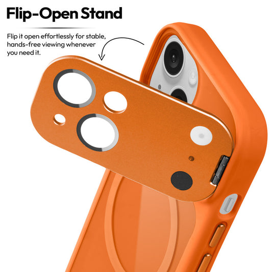 Apple iPhone 15 Case with MagSafe Compatibility, Flip-Open Camera Cover Stand, Glossy Glass Back & Metallic Buttons