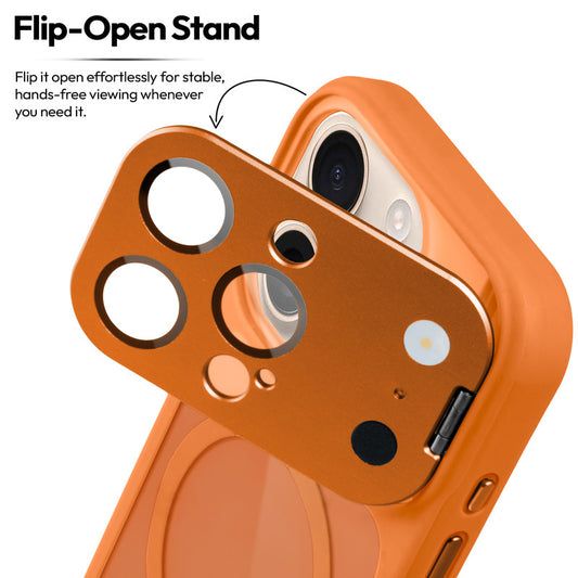 Apple iPhone 16 Pro Case with MagSafe Compatibility, Flip-Open Camera Cover Stand, Glossy Glass Back & Metallic Buttons