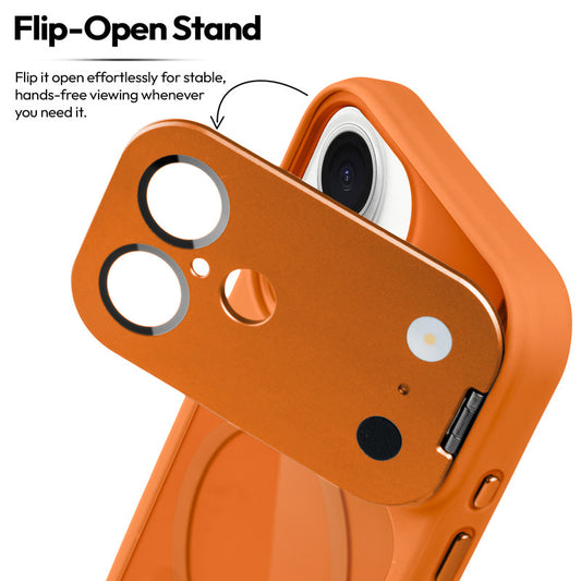 Apple iPhone 16 Case with MagSafe Compatibility, Flip-Open Camera Cover Stand, Glossy Glass Back & Metallic Buttons