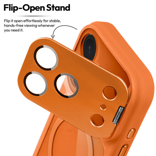 Apple iPhone 18 Pro Max Case with MagSafe Compatibility, Flip-Open Camera Cover Stand, Glossy Glass Back & Metallic Buttons