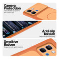 Orange phone case for Infinix Note Edge showing camera safety edges, anti slip side grip and easy press button covers.