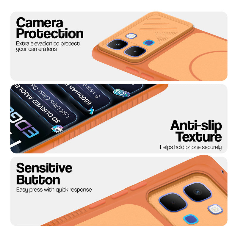 Orange phone case for Infinix Note Edge showing camera safety edges, anti slip side grip and easy press button covers.