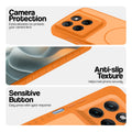 Orange phone case for Motorola G37 5G showing camera safety edges, anti slip side grip and easy press button covers.