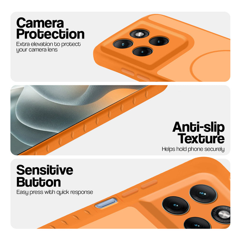 Orange phone case for Motorola G37 5G showing camera safety edges, anti slip side grip and easy press button covers.