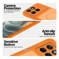Orange phone case for Motorola G37 Power 5G showing camera safety edges, anti slip side grip and easy press button covers.