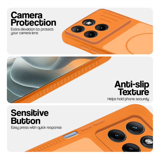 Orange phone case for Motorola G37 Power 5G showing camera safety edges, anti slip side grip and easy press button covers.