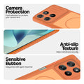 Orange phone case for Motorola G57 Power 5G showing camera safety edges, anti slip side grip and easy press button covers.