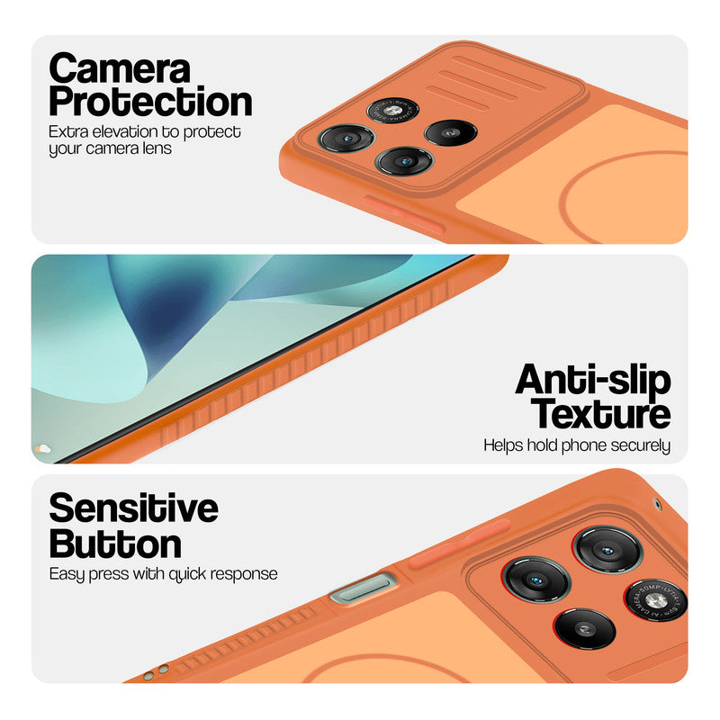 Orange phone case for Motorola G57 Power 5G showing camera safety edges, anti slip side grip and easy press button covers.