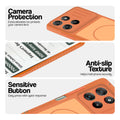Orange phone case for Motorola G67 Power 5G showing camera safety edges, anti slip side grip and easy press button covers.